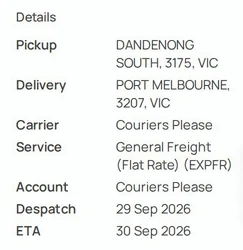 A test consignment's details in Senditt's platform: pickup, delivery, carrier, service, despatch date and ETA